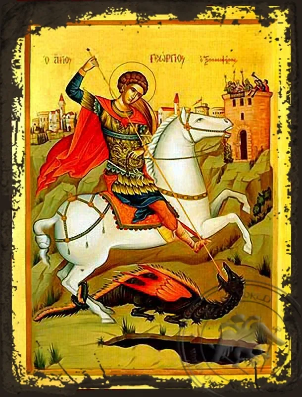 Святой великомученик Георгий, на коне, византийская икона под старину