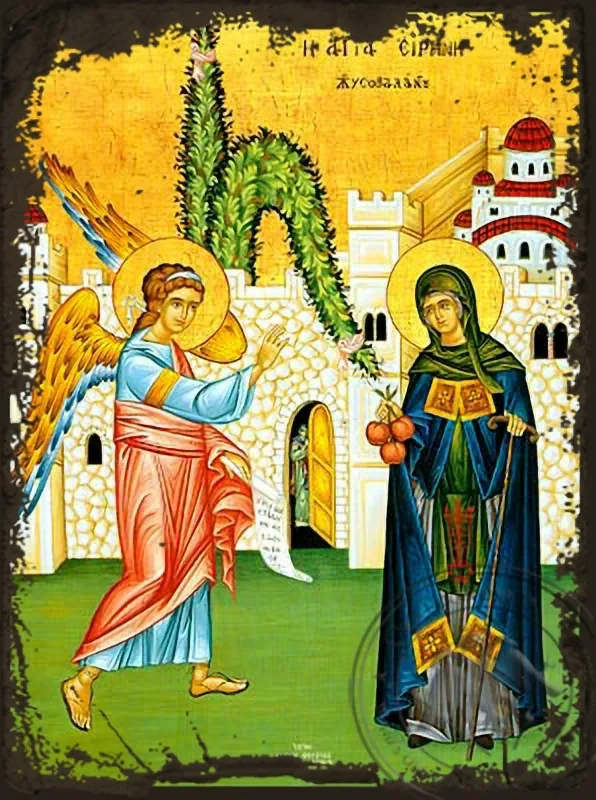 წმინდა ირინე ქრისოვალანტუ, სრული ტანით, ძველებურად გაფორმებული ბიზანტიური ხატი