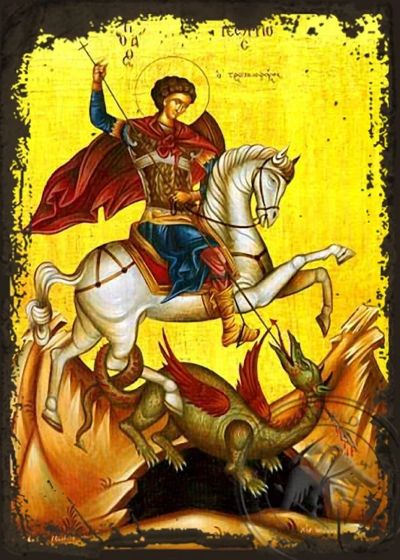 წმინდა დიდმოწამე გიორგი, ცხენზე, ძველებურად გაფორმებული ბიზანტიური ხატი
