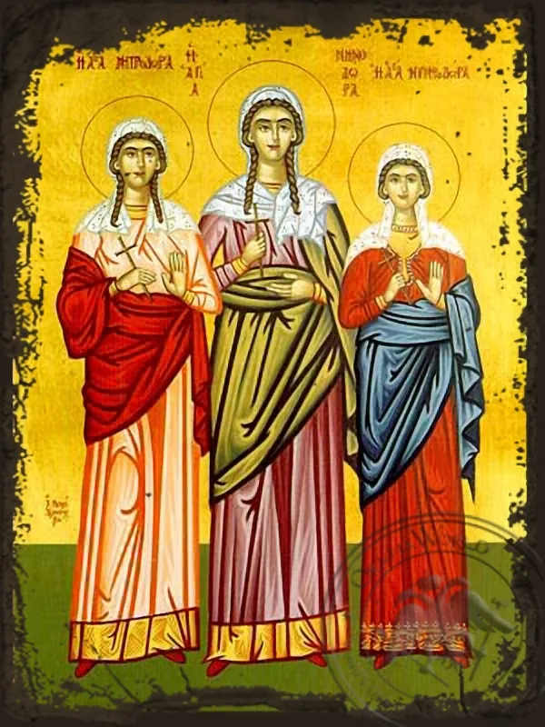 წმინდანები მინოდორა, მიტროდორა და ნიმფოდორა, ნიკომიდიაში, სრული ტანით, ძველებურად გაფორმებული ბიზანტიური ხატი