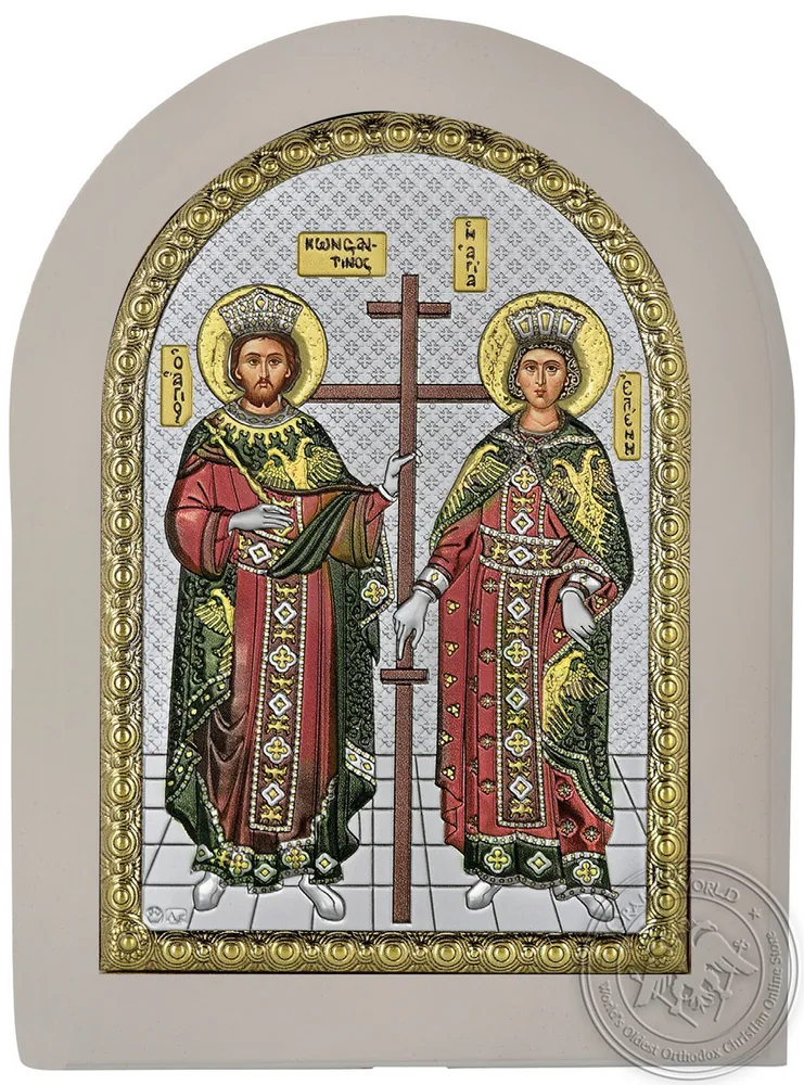 Saints Constantine and Helen - Silver Colored Icon in White Wood