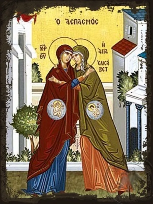 Theotokos and Saint Elisabeth the Embracement - Aged Byzantine Icon