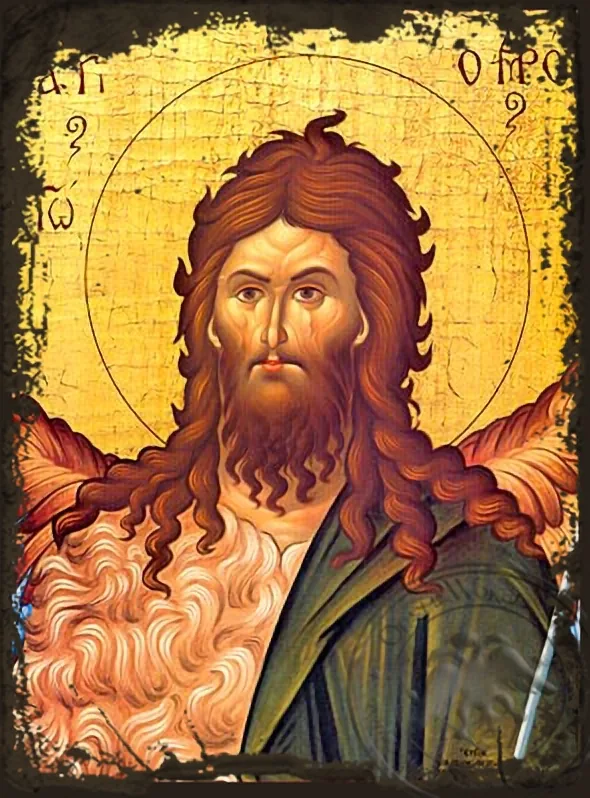 წმინდა იოანე წინამორბედი, მკერდამდე, ძველებურად გაფორმებული ბიზანტიური ხატი