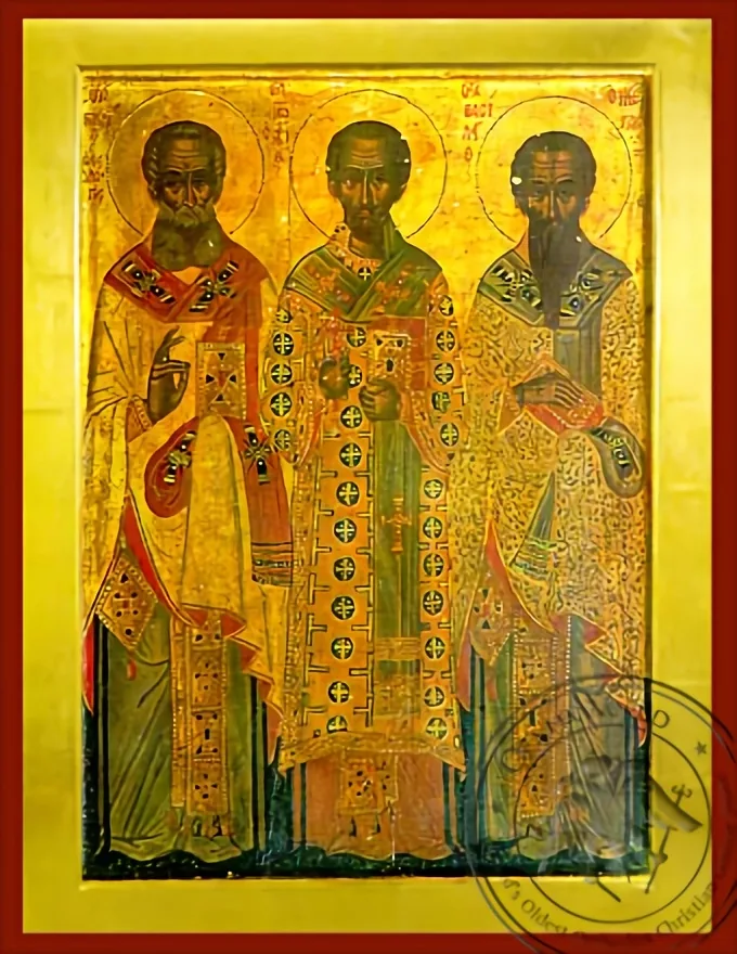 Three Holy Hierarchs, Saints Basil the Great, Gregory the Theologian, John the Chrysostom, Full Body - Byzantine Icon