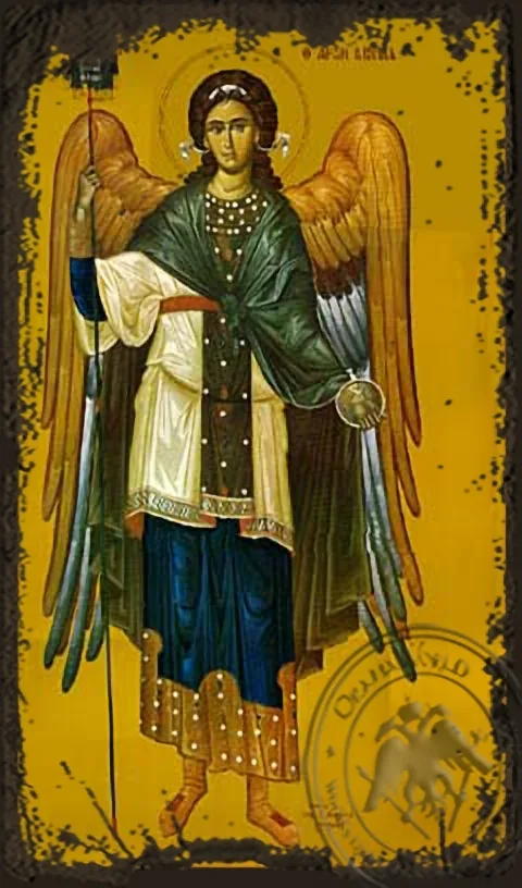 მთავარანგელოზი გაბრიელი, სრული ტანით, ძველებურად გაფორმებული ბიზანტიური ხატი