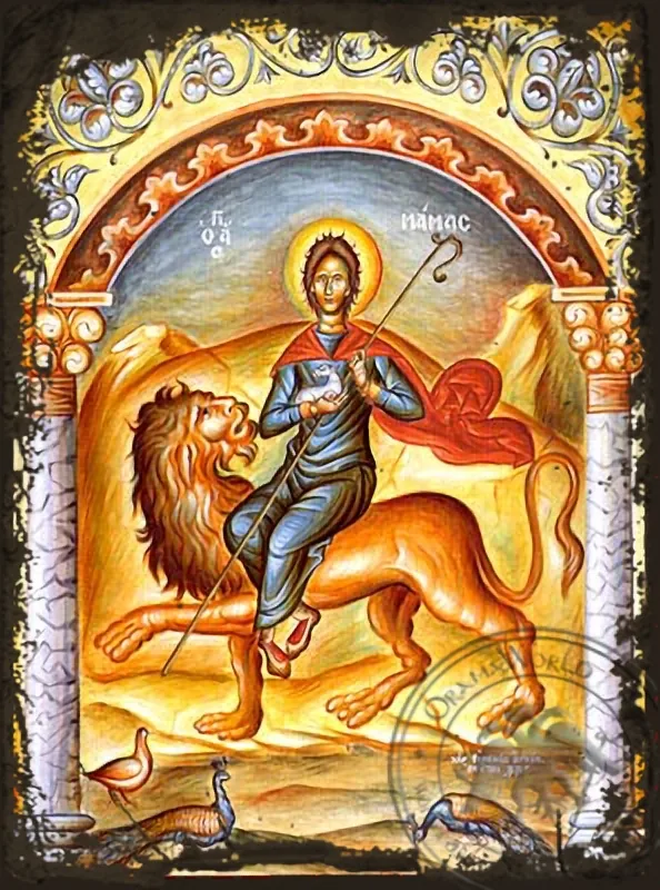 Saint Mamas, Martyr, of Caesarea, on Lion - Aged Byzantine Icon