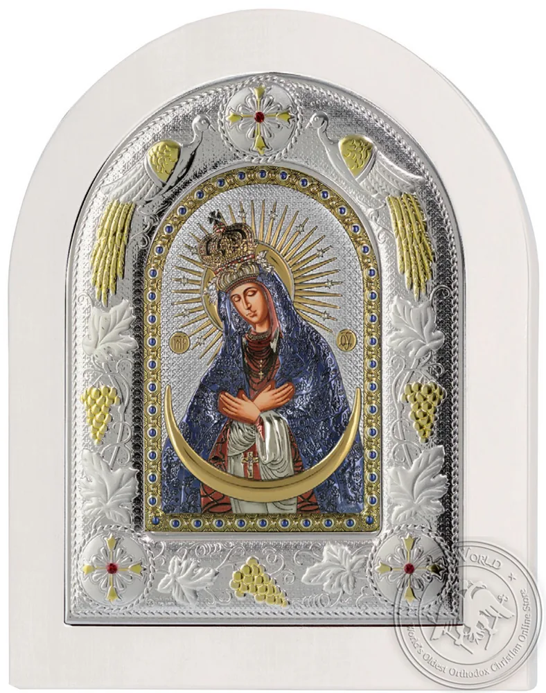 Virgin Mary of Stars Ostrobramska - Silver Colored Icon in White Wood