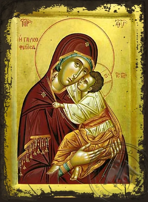 Virgin and Child, Sweet Kissing - Aged Byzantine Icon