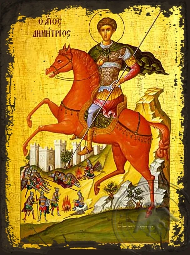 Saint Demetrius the Myrrh-Gusher, on Horseback - Aged Byzantine Icon