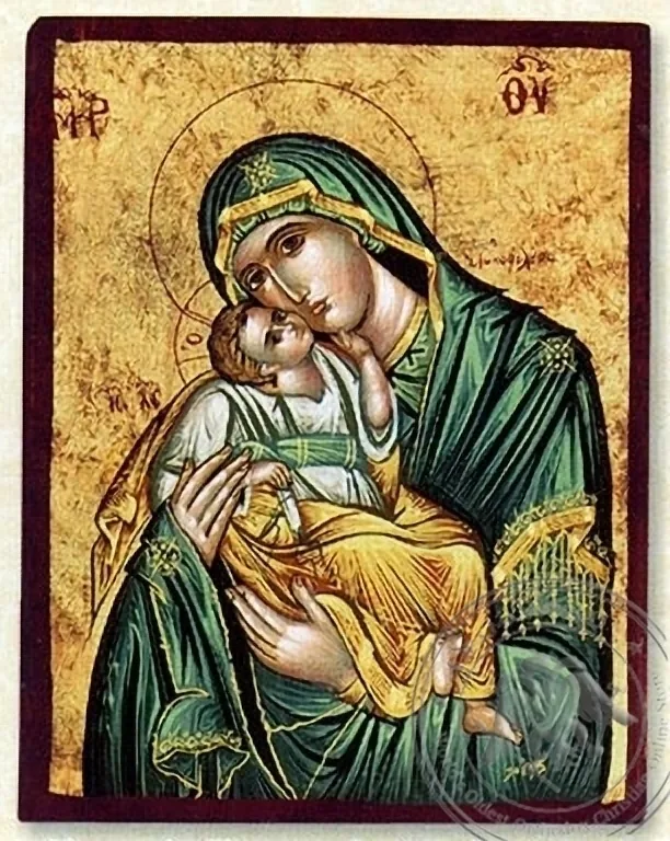 Panagia Glykofilousa (Green) - Flat Silk Printed Icon