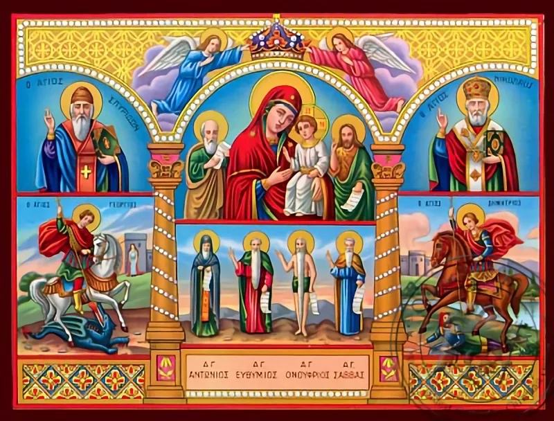 Virgin and Child, Saints John the Theologian, John the Forerunner, Spyridon, George, Anthony, Euthymius - Nazarene Art Icon