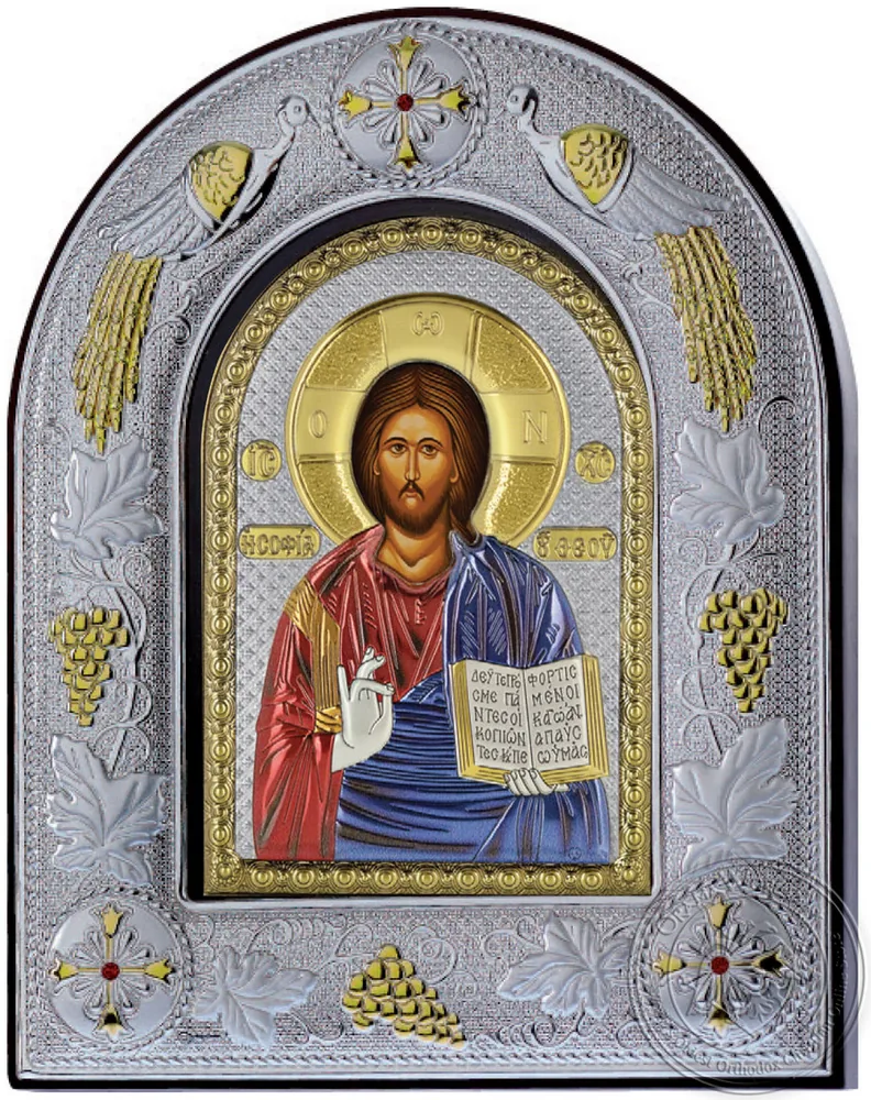 ქრისტე, ვერცხლისფერი ხატი მინის ჩარჩოში