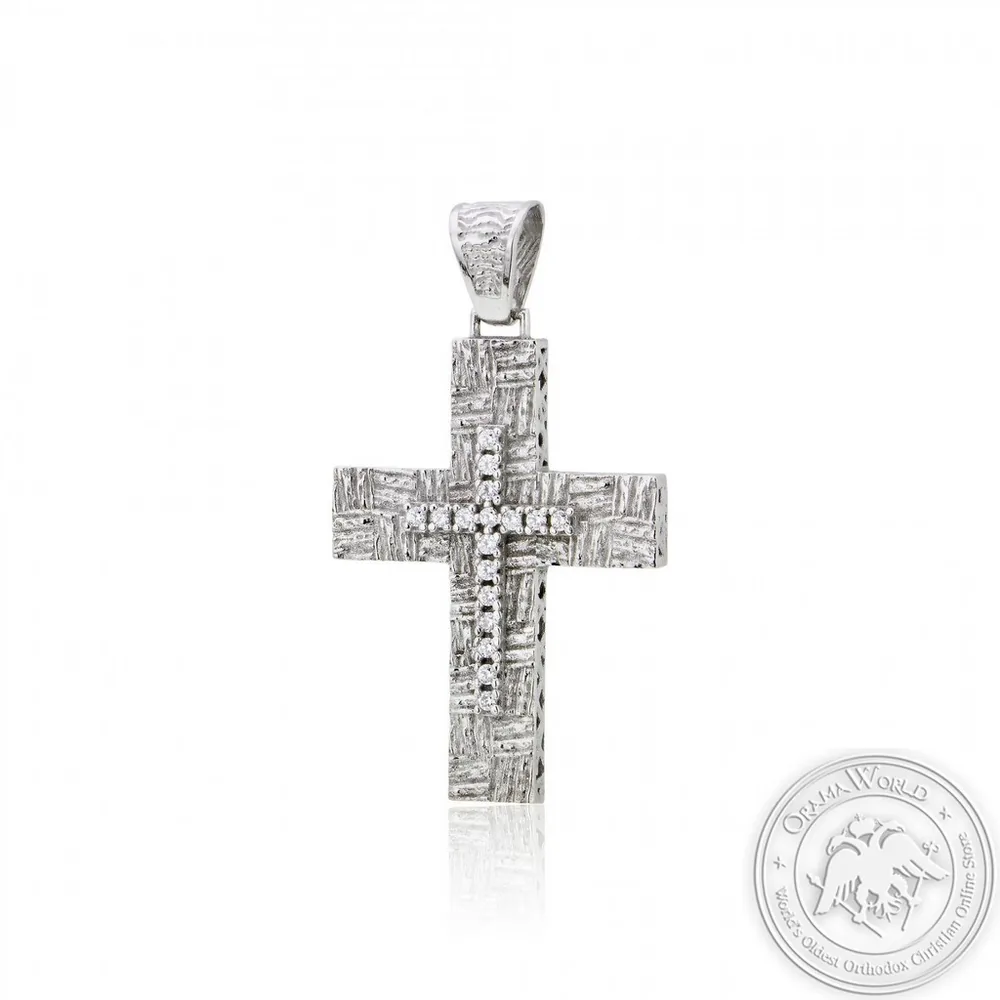 სანათლავი ჯვარი გოგონებისთვის 14 K თეთრი ოქროს ცირკონით