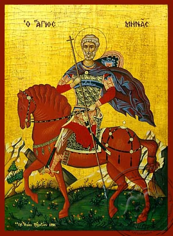 Святой великомученик Мина, Египетский, на коне, рукописная икона