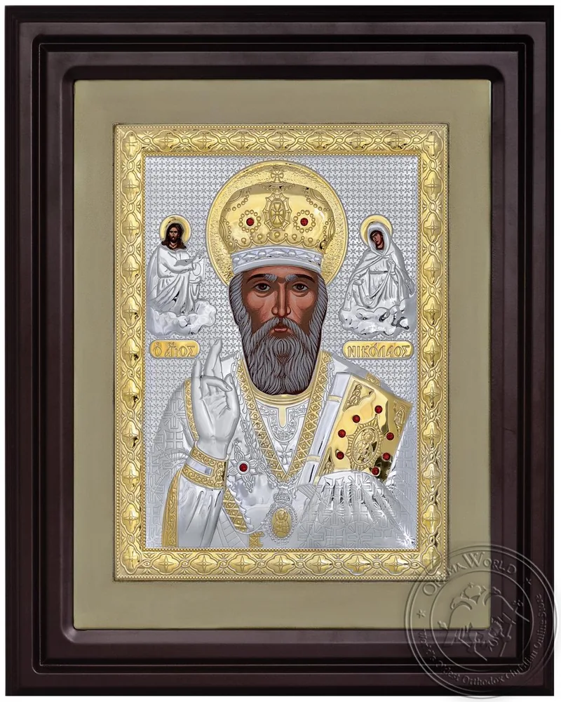 Святитель Николай, серебряная икона в стеклянной рамке