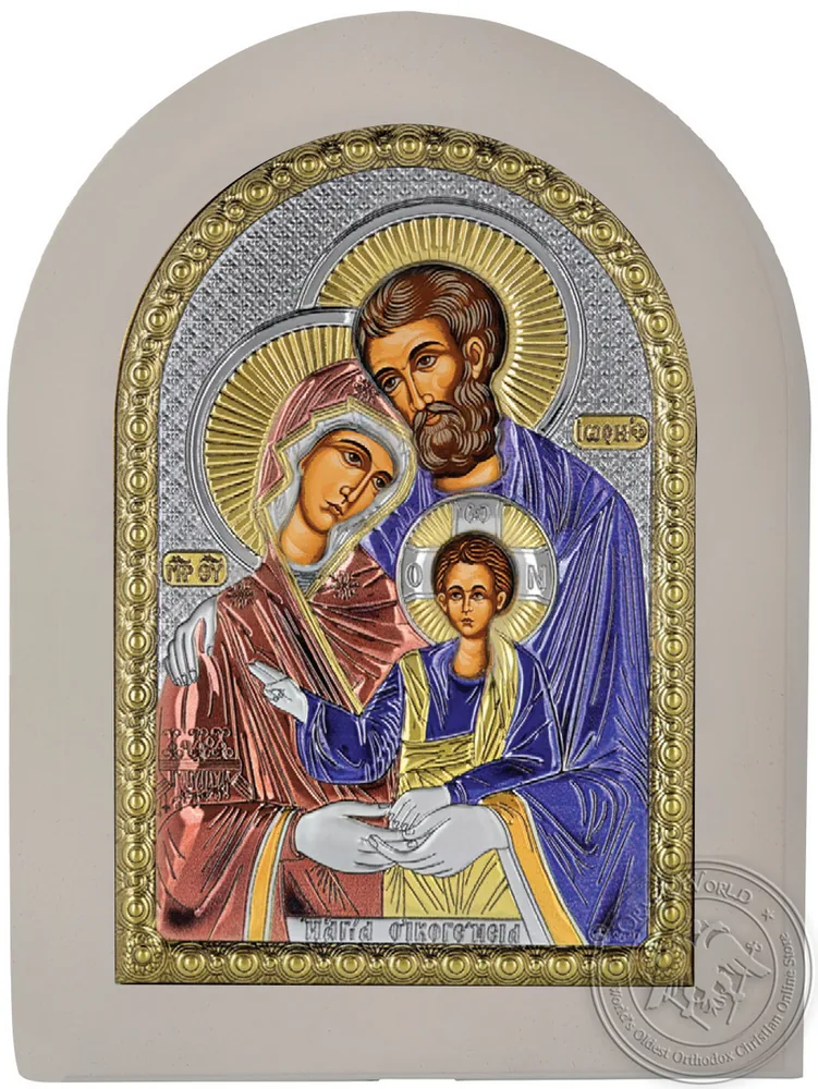 The Holy Family - Silver Colored Icon in White Wood