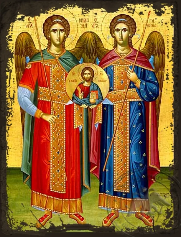 წმინდა მთავარანგელოზთა მიქაელისა და გაბრიელის კრება, სრული ტანით, ძველებურად გაფორმებული ბიზანტიური ხატი