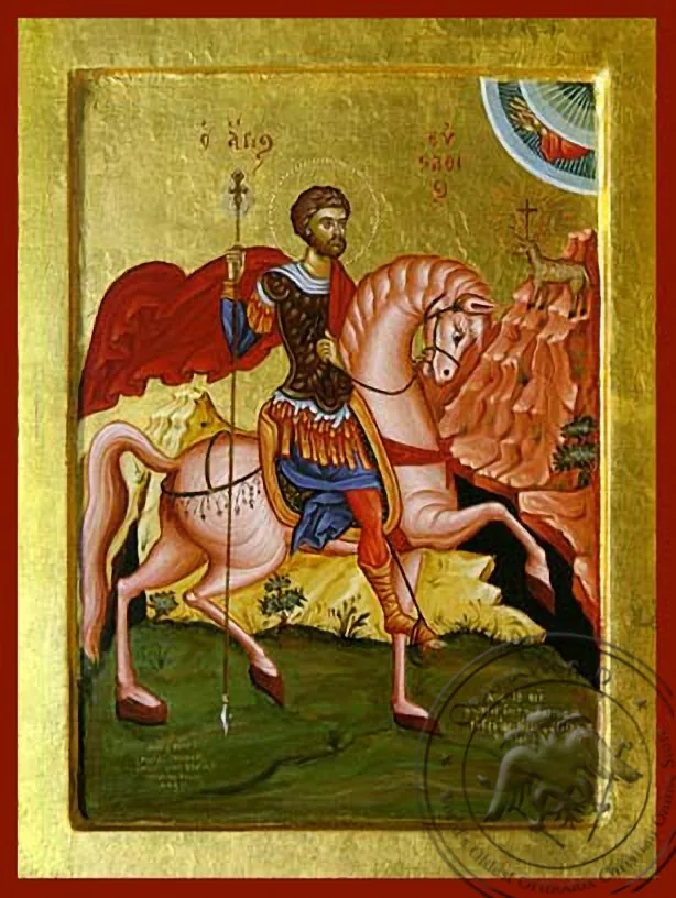 Святой великомученик Евстафий Плакида, на коне, рукописная икона