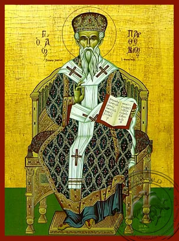 Святой Парфений, епископ Лампсакийский на Геллеспонте, на престоле, рукописная икона
