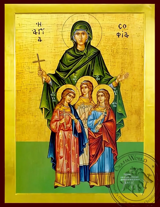 წმინდანები სოფია და ასულები, სარწმუნოება, სასოება და სიყვარული, სრული ტანით, ბიზანტიური ხატი