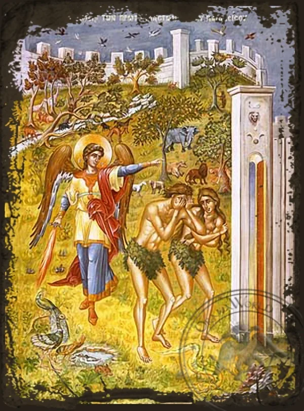 Expulsion of the Created First from Paradise - Aged Byzantine Icon