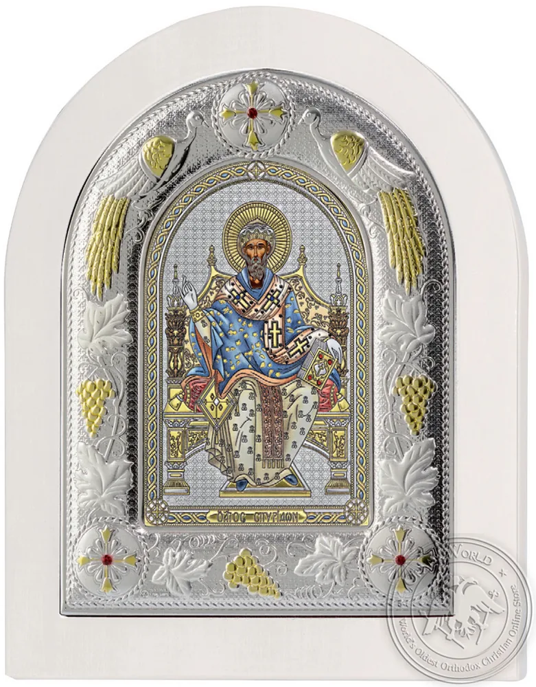 Saint Spyridon on Throne - Silver Colored Icon in White Wood