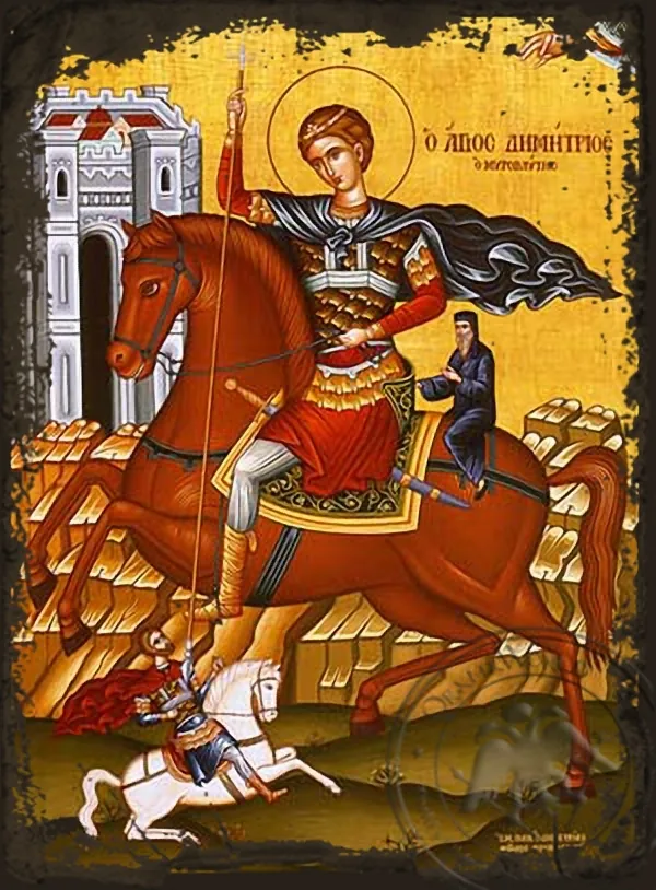 Saint Demetrius the Myrrh-Gusher, on Horseback - Aged Byzantine Icon