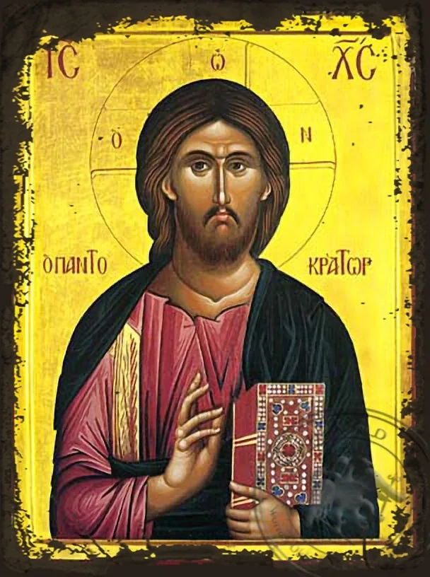 მაცხოვარი მაკურთხებელი, ყოვლისმპყრობელი, ძველებურად გაფორმებული ბიზანტიური ხატი