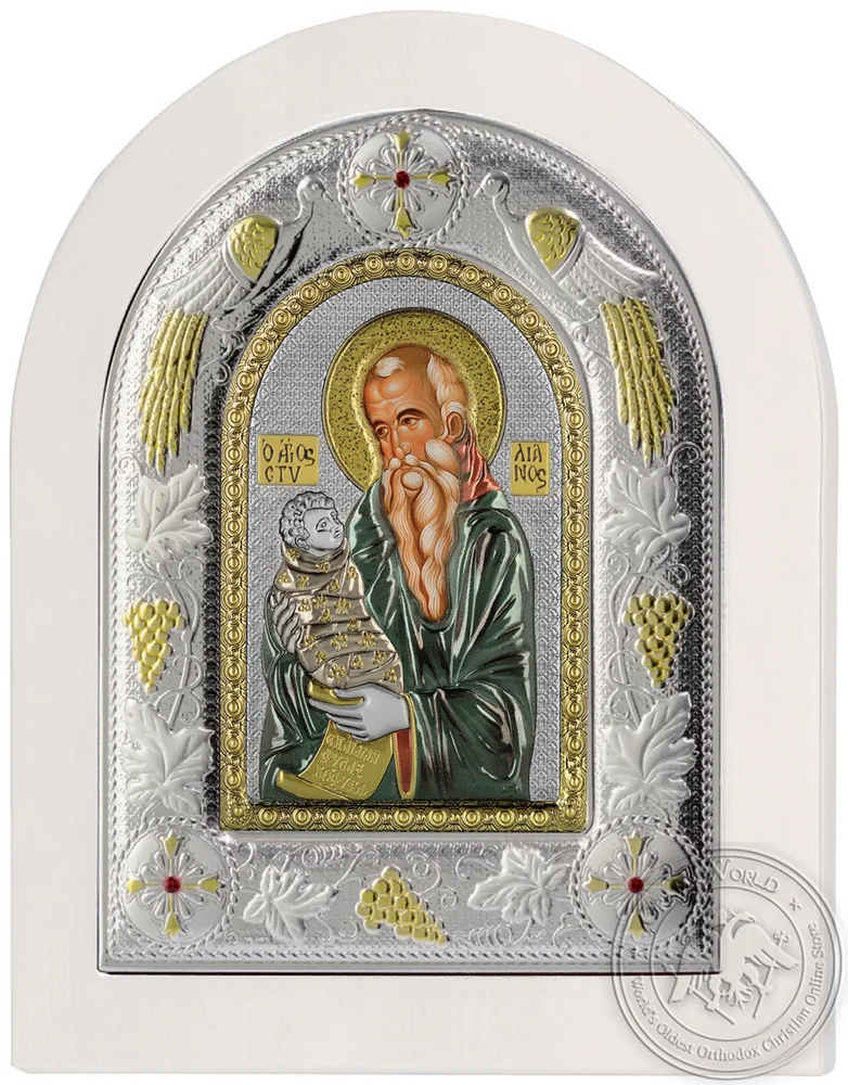 Saint Stylianos - Silver Colored Icon in White Wood