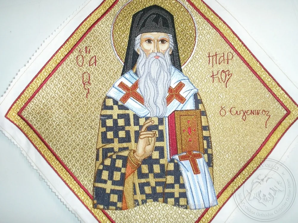 წმინდა მარკოზი ევგენიკოსი ნაქარგი ფონით, სამღვდელო ენქერი