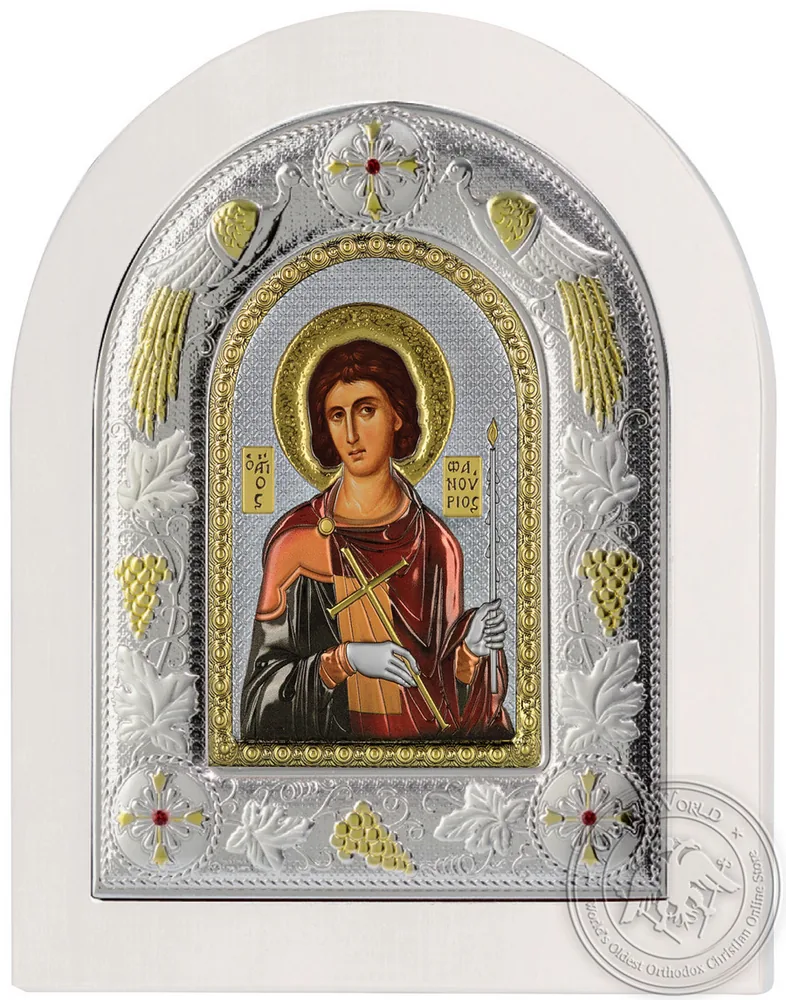 Saint Phanourios - Silver Colored Icon in White Wood