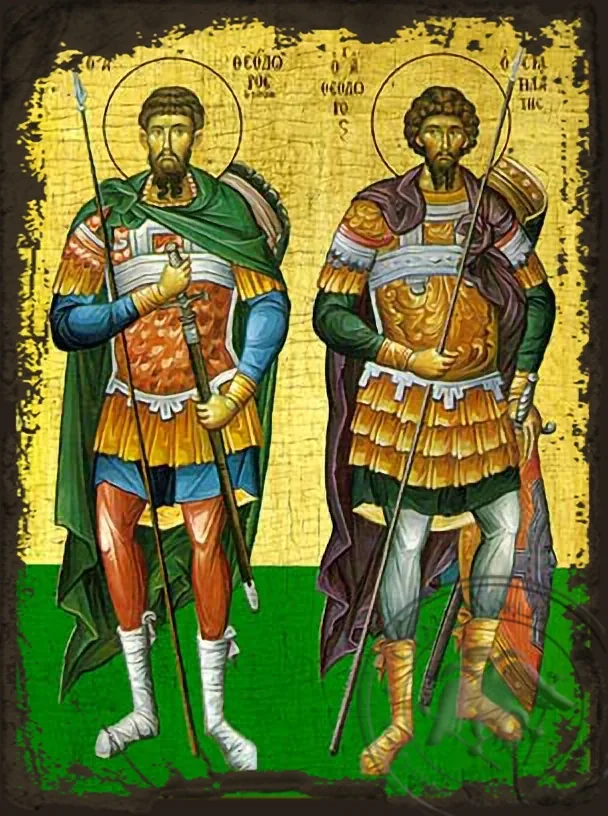 წმინდანები ტირონი & სტრატილატი, ძველებურად გაფორმებული ბიზანტიური ხატი