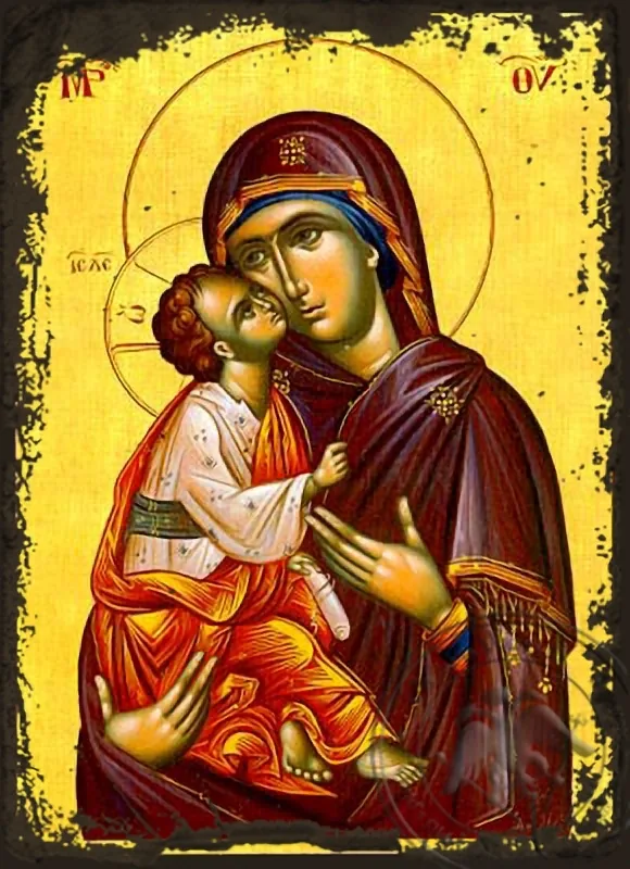 ღვთისმშობელი ყრმით, ტკბილად ამბორისმყოფელი, ძველებურად გაფორმებული ბიზანტიური ხატი