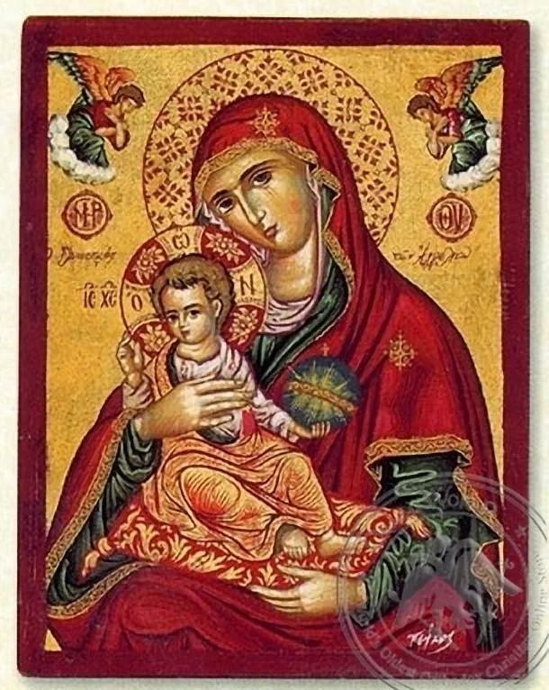 Богородица Ангелов Сладость (красная), плоская икона на шёлке