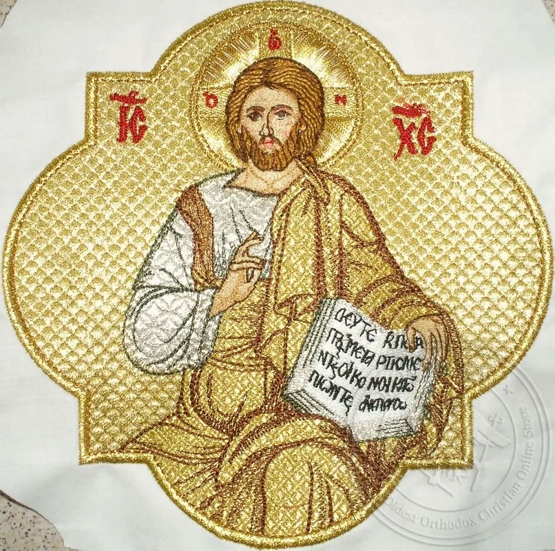 ტახტზე მჯდომი მაცხოვარი ნაქარგი ფონით, ფელონის ნაქარგი მედალიონი, 3245
