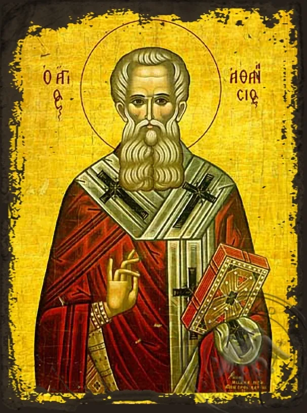 წმინდა ათანასე დიდი, ალექსანდრიის პატრიარქი, ძველებურად გაფორმებული ბიზანტიური ხატი