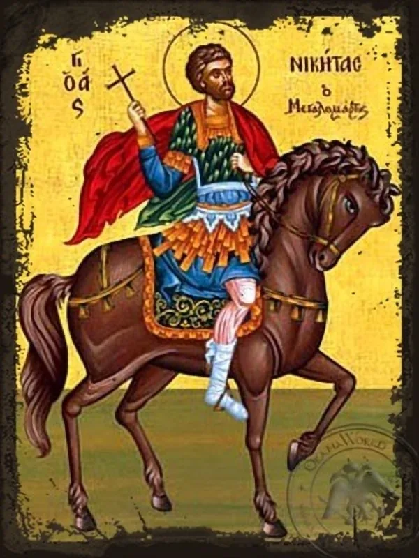 Святой великомученик Никита на коне, византийская икона под старину