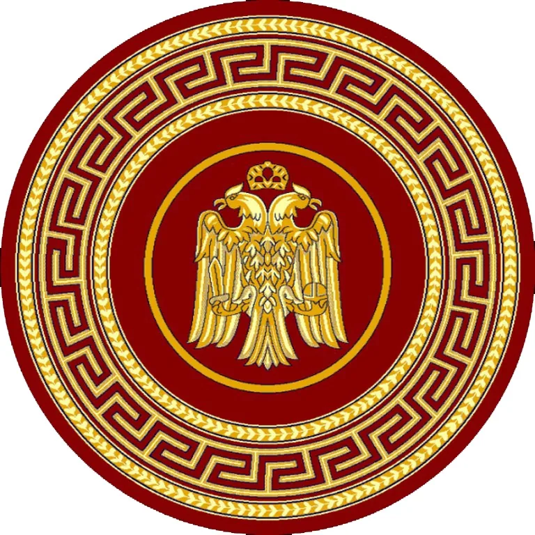Round Ecclesiastical Carpet with Double-headed Eagle and Meander in Red Color