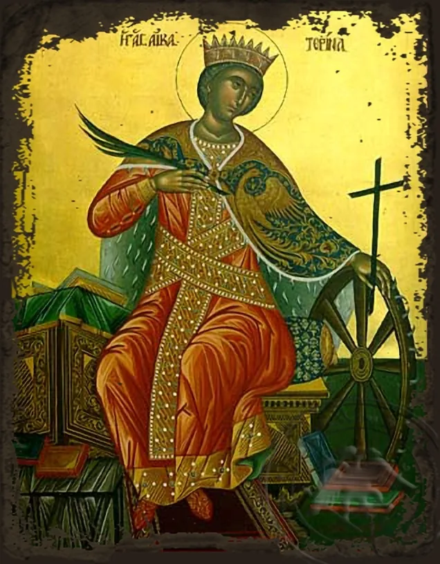 Святая великомученица Екатерина, Александрийская, на престоле, византийская икона под старину