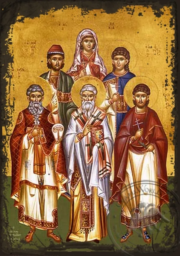Святые Евстратий, Авксентий, Евгений, Мардарий, Орест и святая Лукия, в полный рост, византийская икона под старину