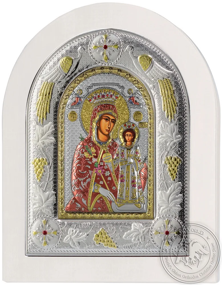 Virgin Mary of Roses - Silver Colored Icon in White Wood