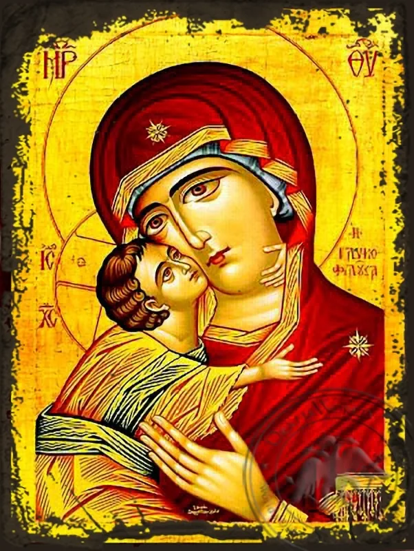 ღვთისმშობელი ყრმით, ტკბილად ამბორისმყოფელი, მკერდამდე, ძველებურად გაფორმებული ბიზანტიური ხატი