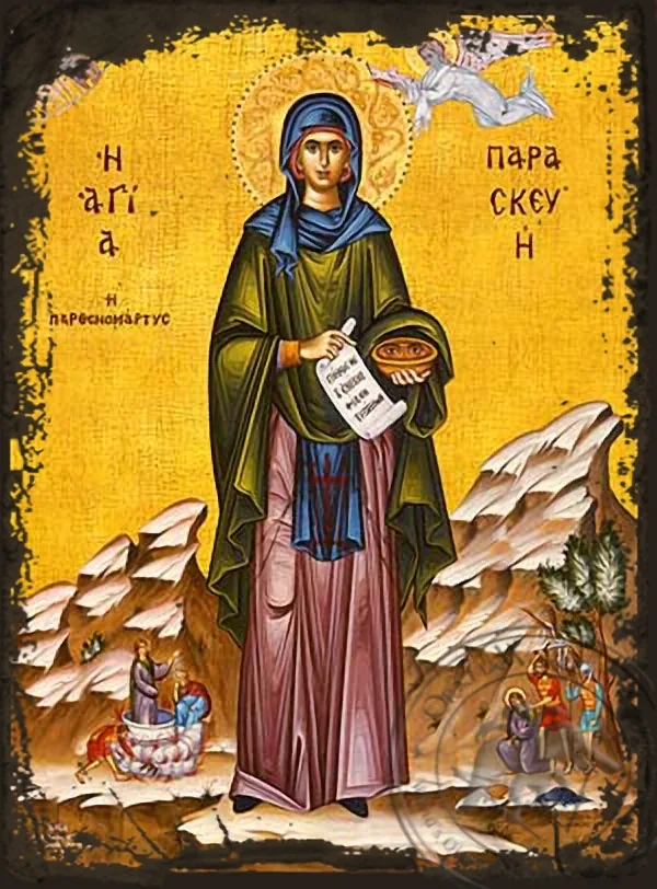 Saint Parasceve, the Great Martyr, of Rome, with Scenes from Her Life, Full Body - Aged Byzantine Icon