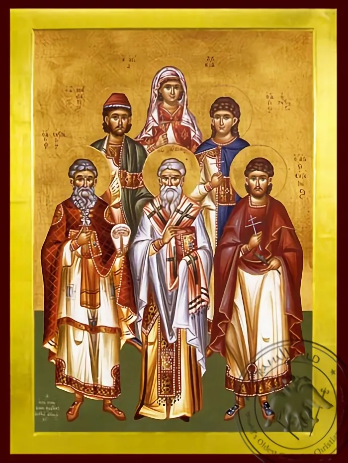 Святые Евстратий, Авксентий, Евгений, Мардарий, Орест, мученики Севастия и святая Лукия, в полный рост, византийская икона