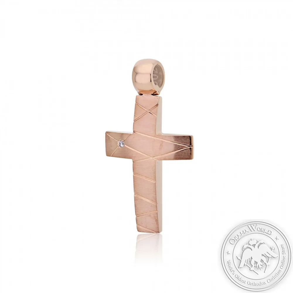 Christening Cross for Girls made of 14K Pink Gold with Cubic Zirconia