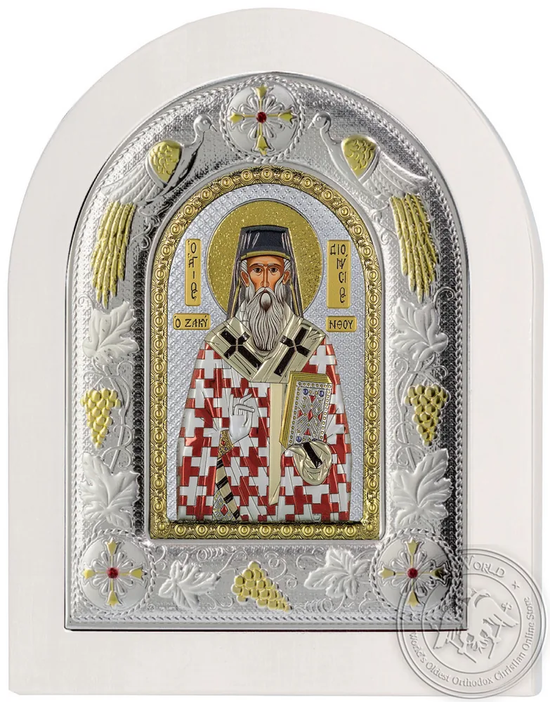 Saint Dionysios - Silver Colored Icon in White Wood