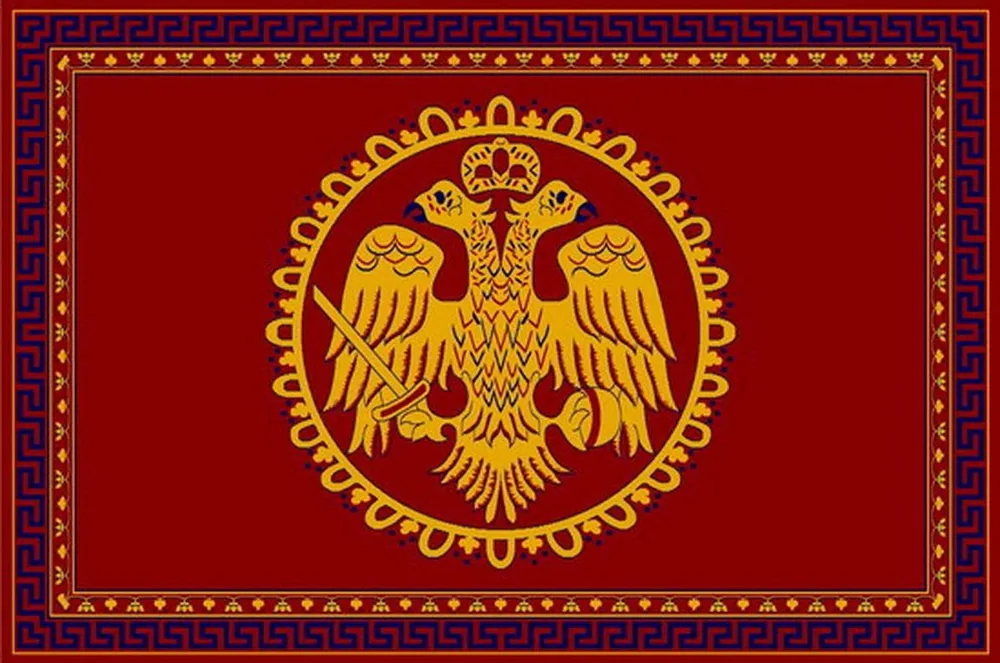 Прямоугольный церковный ковёр с двуглавым орлом и меандр красного цвета