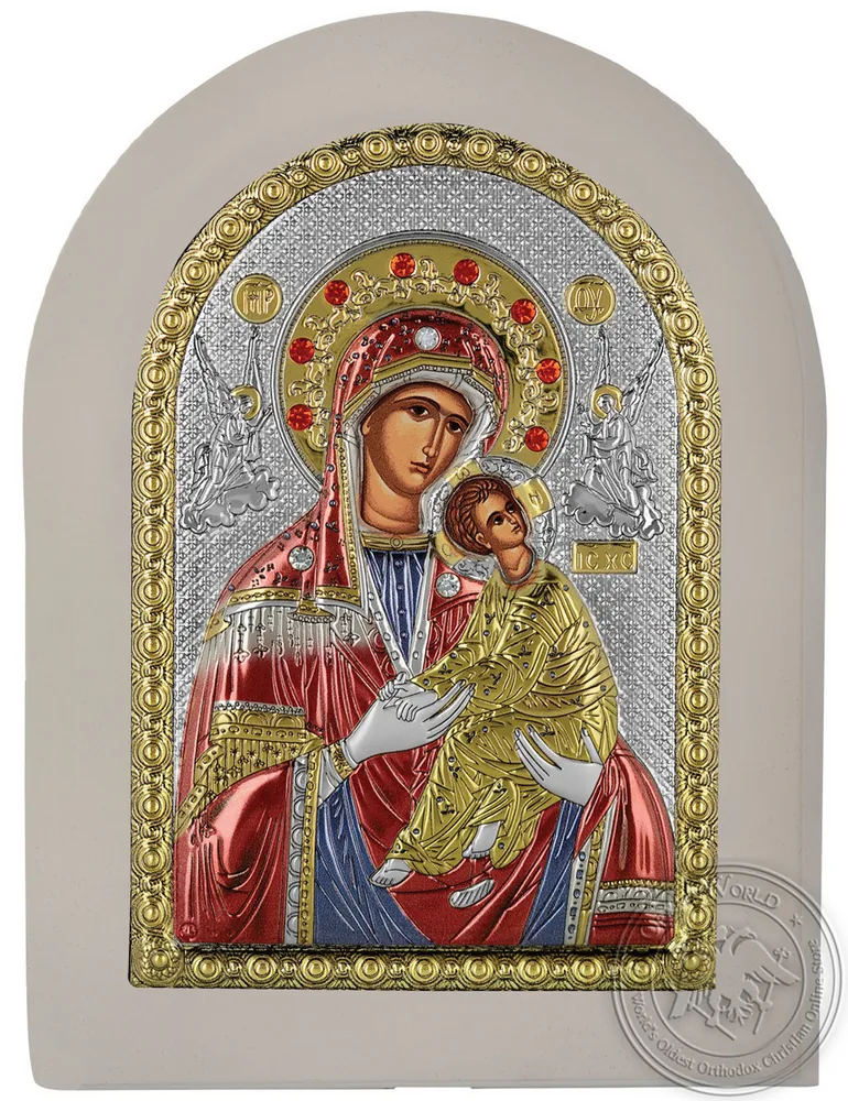 Virgin Mary Amolyntos - Silver Colored Icon in White Wood