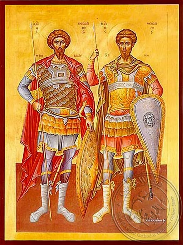 წმინდა თეოდორენი დიდმოწამენი, ტირონი და სტრატილატი, სრული ტანით, ხელნაწერი ხატი