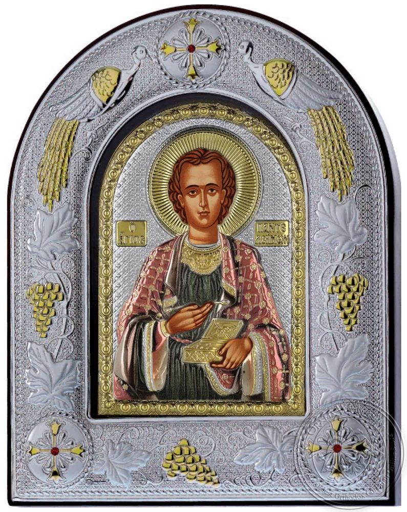 წმინდა პანტელეიმონი, ვერცხლისფერი ხატი მინის ჩარჩოში